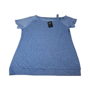 Temofon Blue Heathered Cold Shoulder Short Sleeve Top XL Strappy Neckline